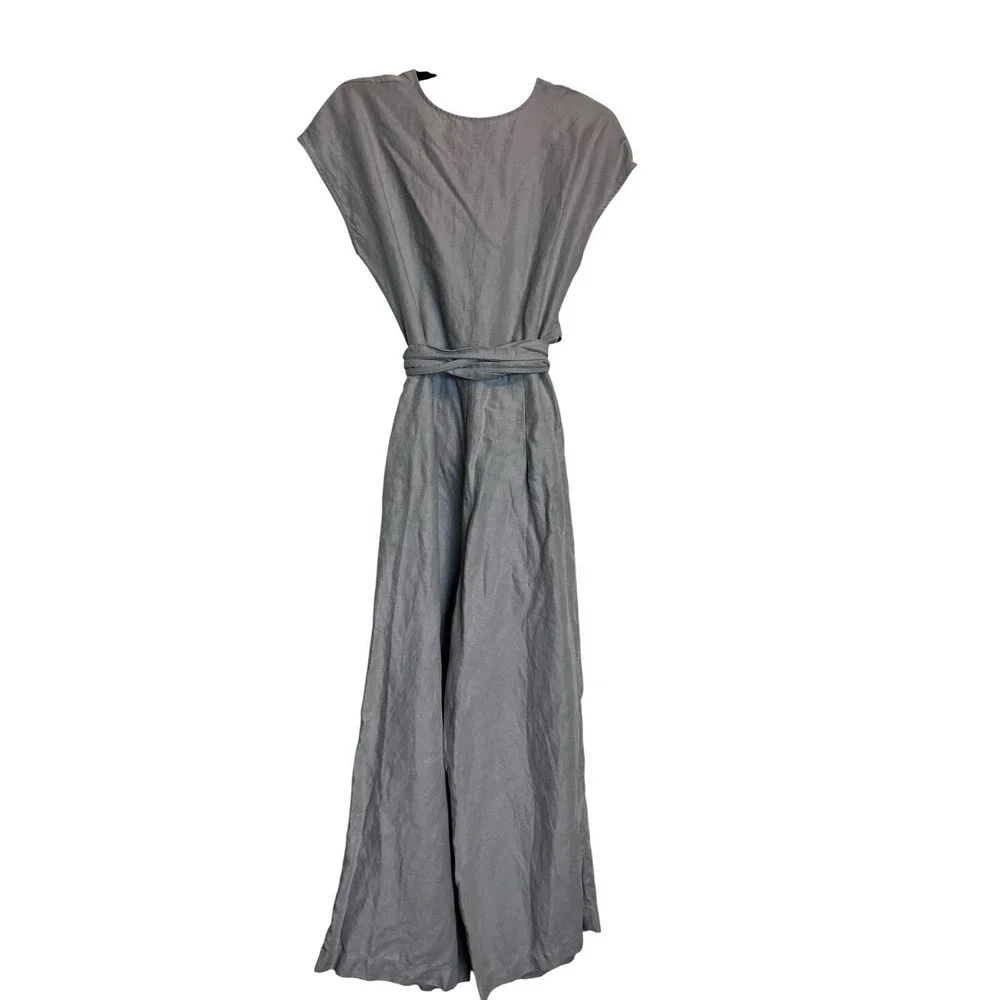 Aritzia Wilfred Brax Jumpsuit 6 Gray Linen Blend Wide Leg Tie Waist - Picture 3 of 7